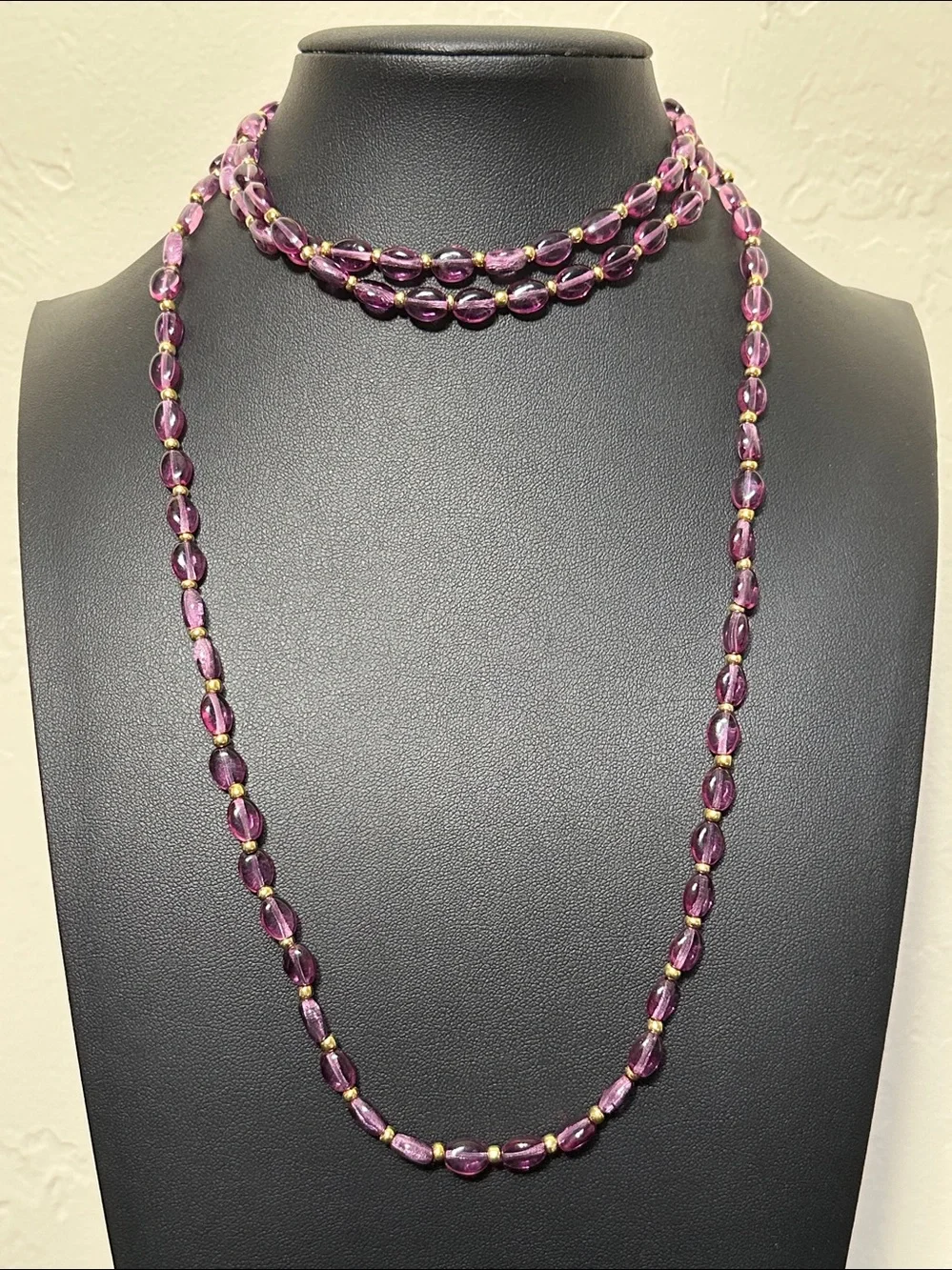 Purple Lucite Oval Beads & Gold Tone Spacer Continuous Vintage Flapper Necklace